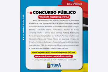 Prefeitura de Tupã abre concurso para 26 cargos