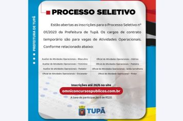 Prefeitura de Tupã abre novo processo seletivo para atividades operacionais