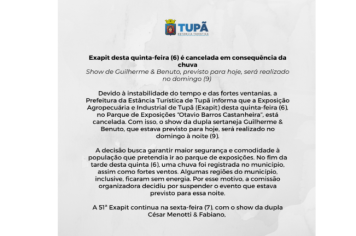 Exapit desta quinta-feira (6) é cancelada em consequência da chuva