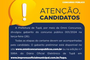Empresa responsável pela aplicação do concurso público 001/2024 divulga gabarito