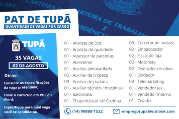 35 vagas de emprego estão disponíveis pelo PAT de Tupã