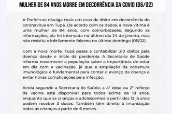 Mulher de 84 anos morre em decorrência da Covid (06/02)