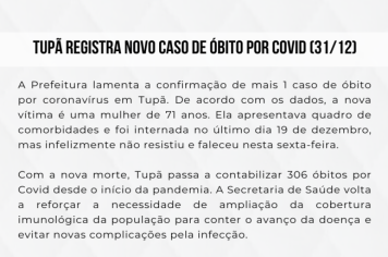 Tupã registra novo caso de óbito por Covid (31/12)