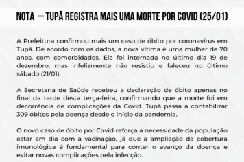 Tupã registra mais uma morte por Covid (25/01)