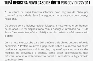 Tupã registra novo caso de óbito por Covid 