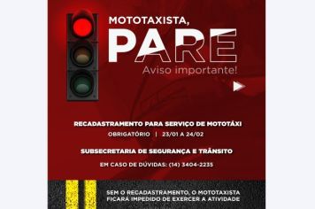 Prefeitura inicia recadastramento de mototaxistas dia 23