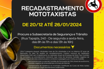 Período de recadastramento de mototaxistas abre nesta quarta-feira