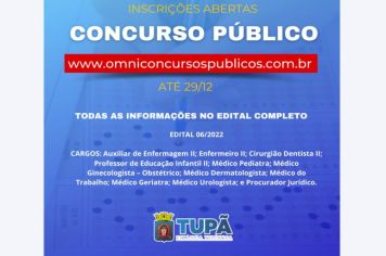 Prefeitura de Tupã abre novo concurso para áreas da saúde, educação e direito