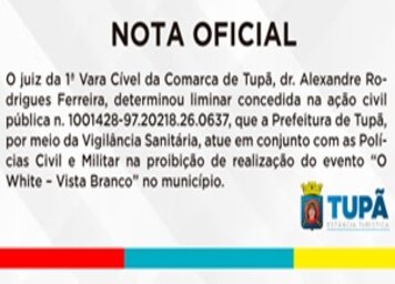 Após comunicação da Prefeitura Municipal;* MPSP solicita ação da PM e da VS para proibir festa