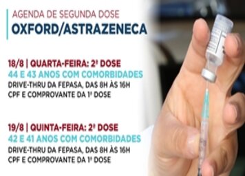 Pessoas de 40 a 44 anos com comorbidades devem receber 2ª dose até sexta (20)