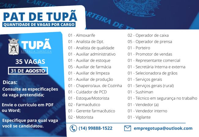 Novas vagas de emprego estão disponíveis no PAT