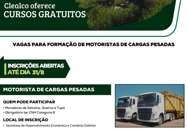 Curso para motorista de cargas pesadas tem inscrições prorrogadas