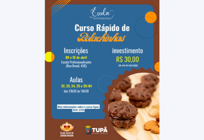 Inscrições para o curso de Fabricação de Bolachinhas Caseiras vão até esta quinta-feira