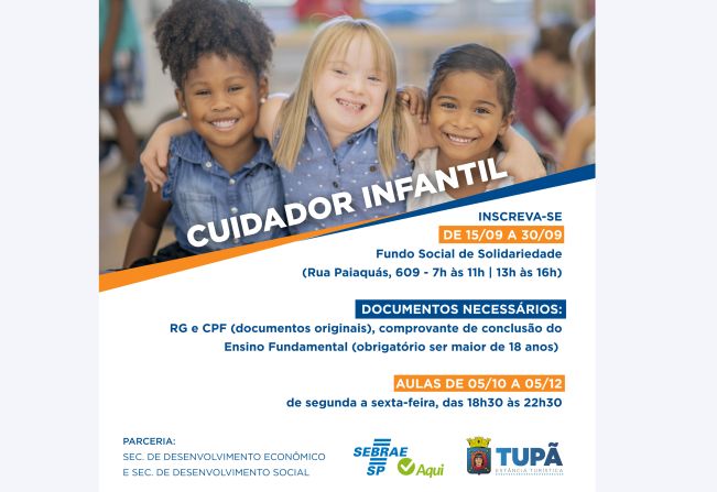 Tupã traz curso rápido e gratuito para Cuidador Infantil 