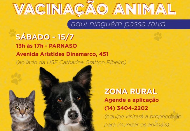 Parnaso terá vacinação antirrábica no sábado; zona rural pode agendar dose