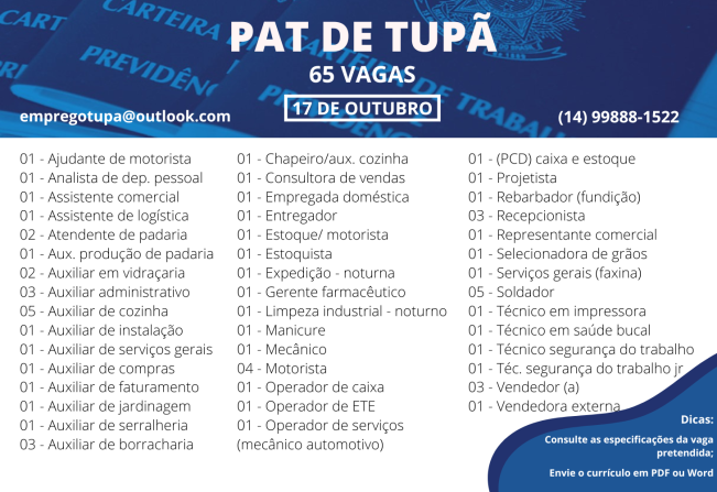 PAT tem 65 vagas de emprego disponíveis