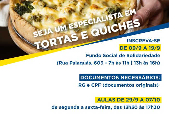 Sebrae de Tupã abre curso rápido de especialista em Tortas e Quiches