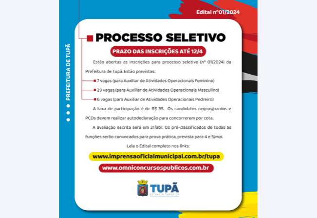 Prefeitura de Tupã abre processo seletivo para Atividades Operacionais