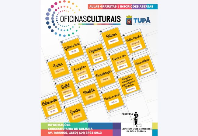 Cultura abre inscrições para 15 oficinas artísticas gratuitas 