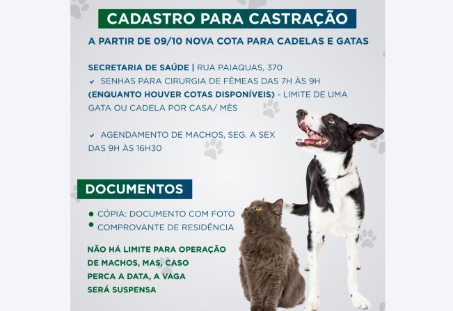 200 vagas para castração gratuita de cadelas e gatas estão disponíveis