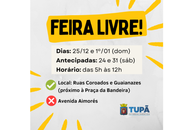 Feira de domingo terá alterações na semana do Natal e Ano Novo