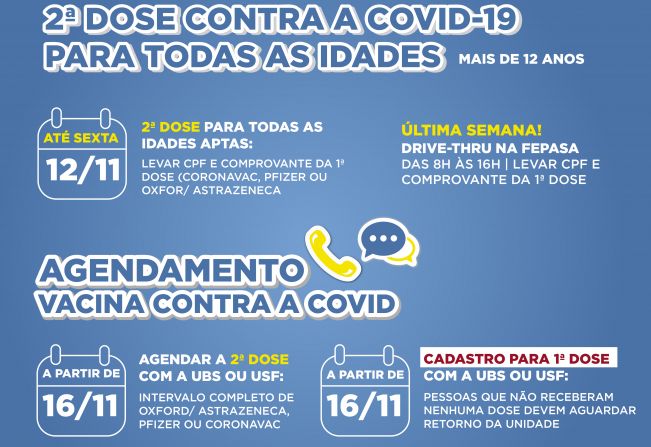Pessoas de todas as idades podem receber a 2ª dose até sexta na FEPASA