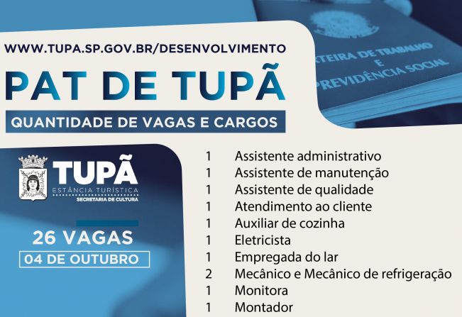 PAT está com 26 vagas de empregos disponíveis pra Tupã e região