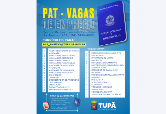 PAT abre tabela com 76 vagas de emprego disponíveis